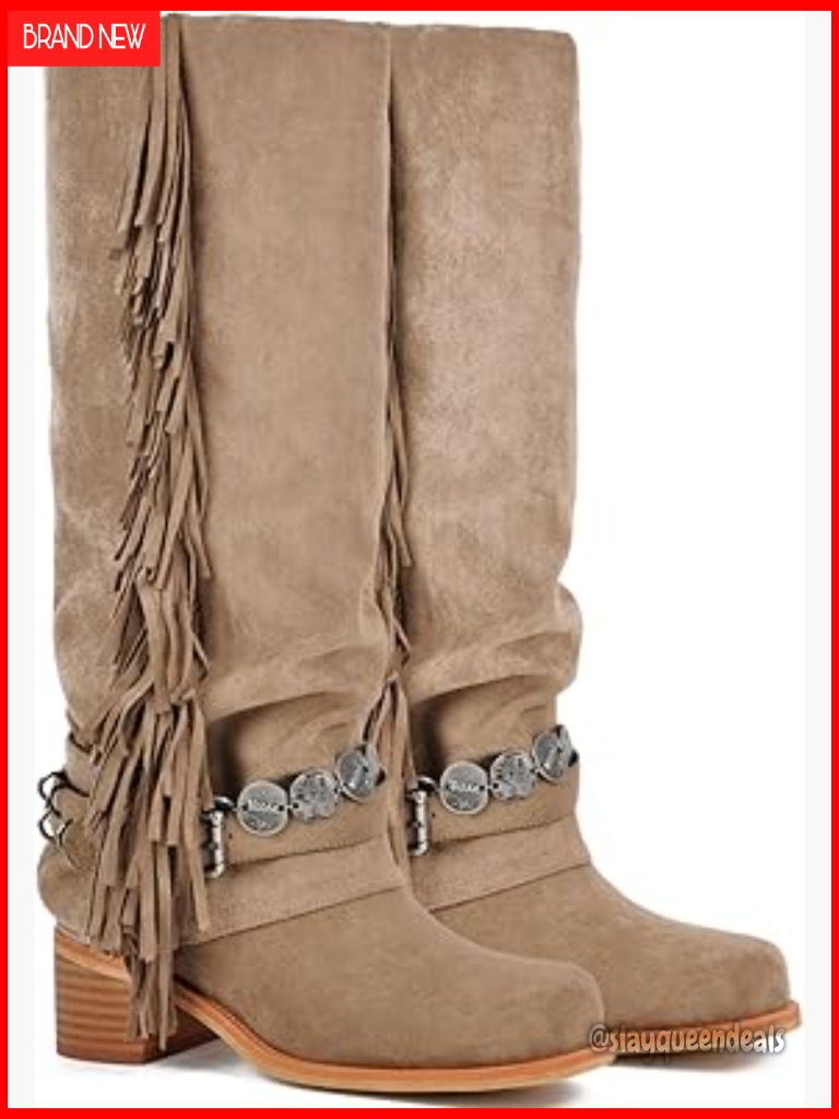 Knee High Riding Boots With Fringe Buckle Straps Chunky Heel Square Toe
